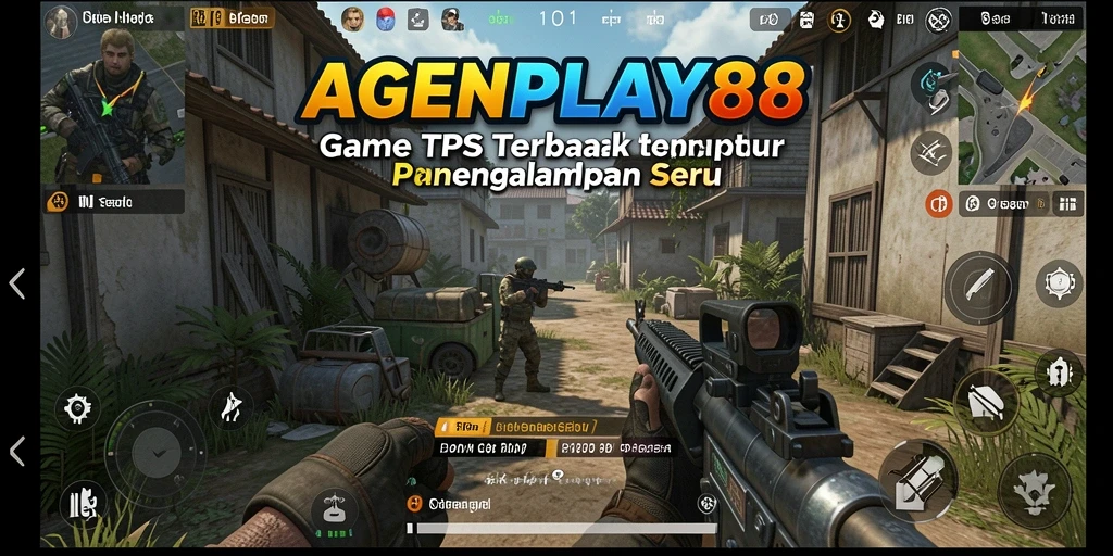 Screenshot utama AGENPLAY88 menampilkan aksi menembak yang seru di medan perang.
