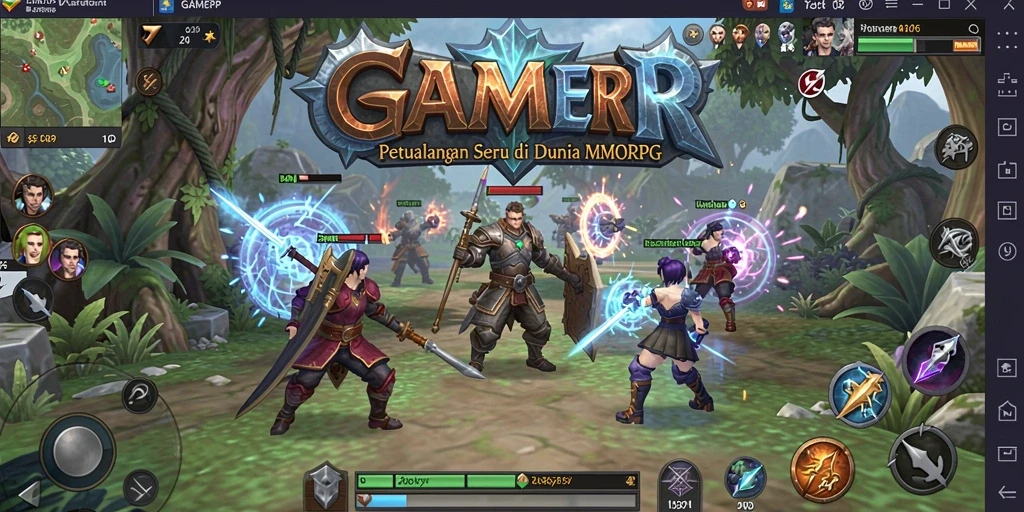 Tampilan gameplay GAMERP yang menakjubkan dengan karakter beraksi di dunia MMORPG.