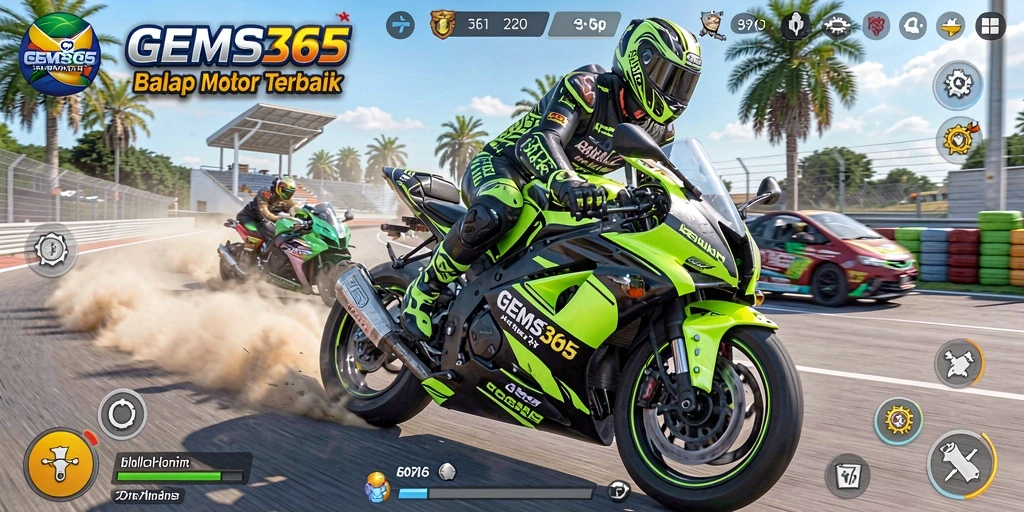Tampilan gameplay GEMS365 yang menegangkan saat balapan motor.