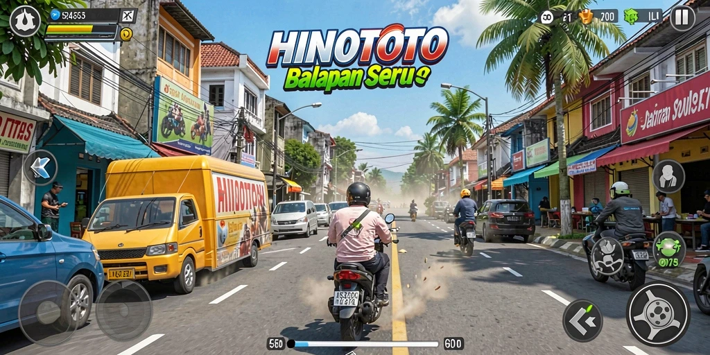 Screenshot gameplay HINOTOTO yang menunjukkan balapan seru di trek.