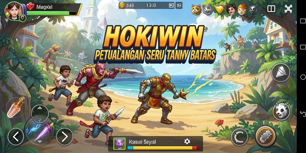 Tangkapan layar menampilkan gameplay petualangan HOKIWIN yang penuh aksi.