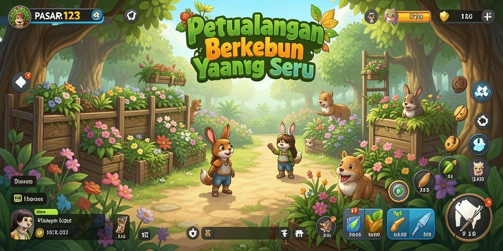 Tampilan gameplay PASAR123 dengan ladang yang subur dan tanaman yang rimbun.