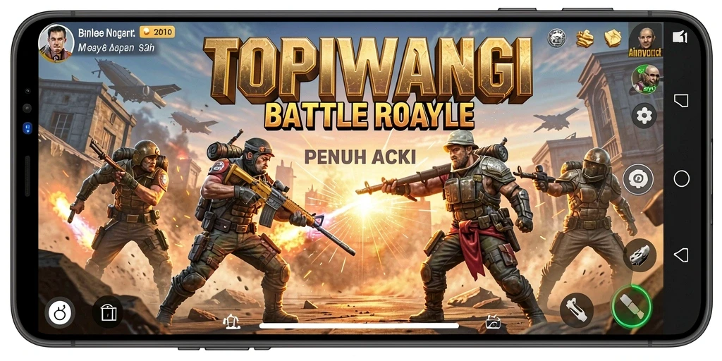 Screenshot gameplay intens dari TOPIWANGI yang menampilkan aksi Battle Royale.