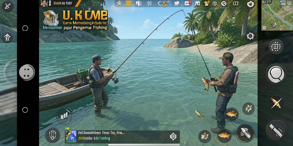 Tampilan gameplay UH77 dengan berbagai jenis ikan dan lokasi memancing.